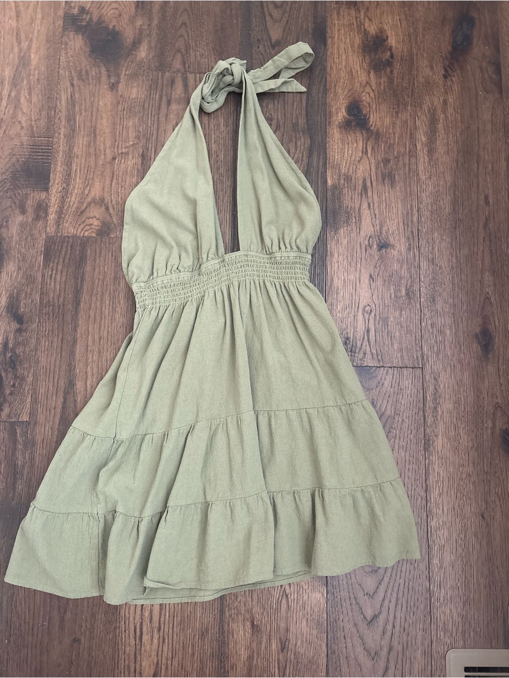 Olive Green Halter Mini Dress | Flowy Open Back Summer Dress | Size Large